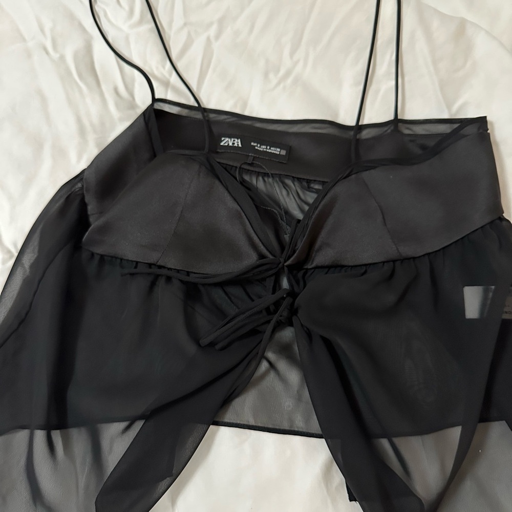 Zara Black Sheer Top with Bow Detail